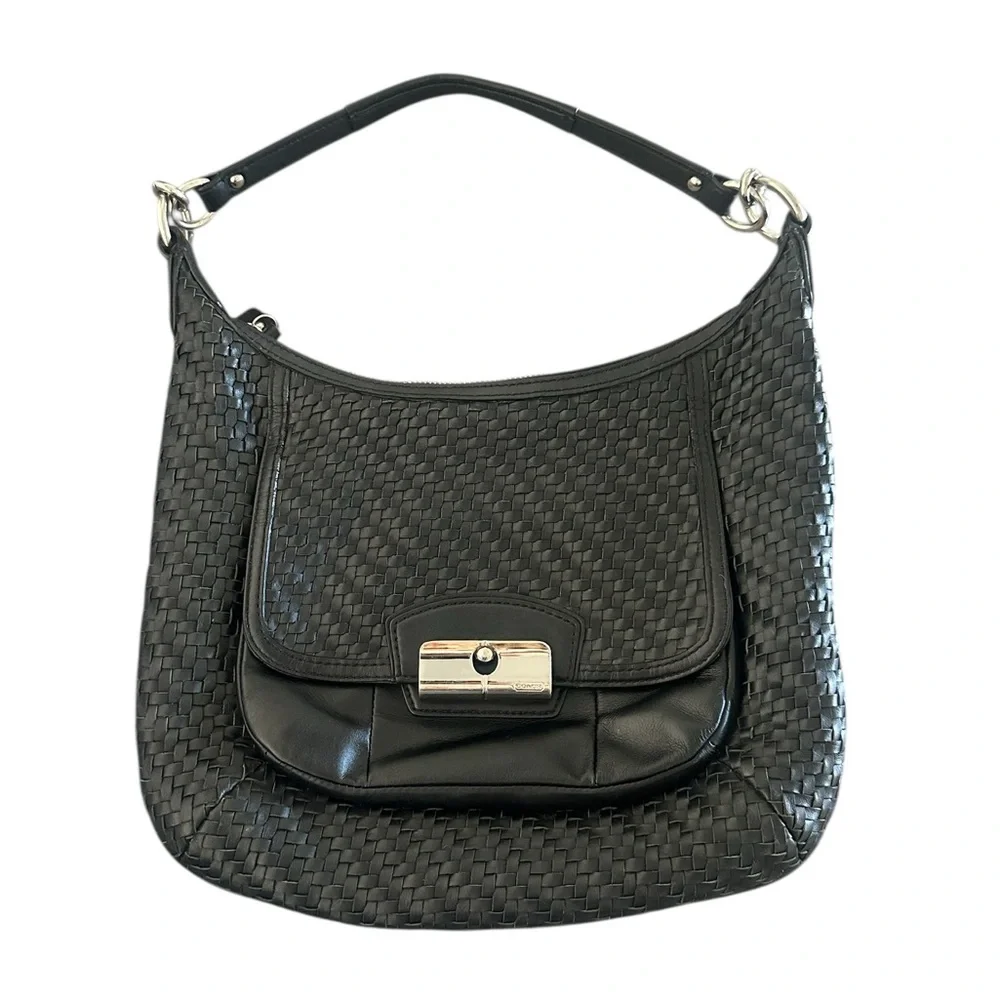 Coach Kristin Woven Leather Hobo Shoulder Bag Satchel Black